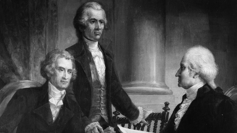 Washington conferring with Jefferson and Hamilton