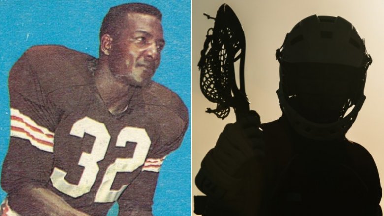 Jim Brown football card and lacrosse stock photo