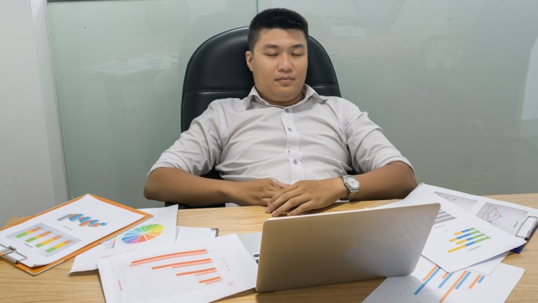 Inemuri, asian man sleeping, office