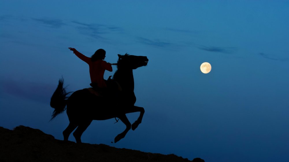 Horseman rides under a full moon