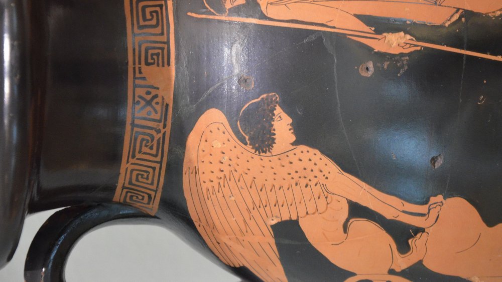 Oedipus solves the riddle of the Sphinx on Greek Vase