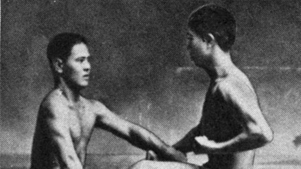 Miyagi engaged in sparring in the early 1900's