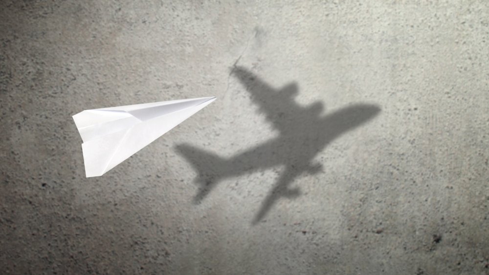 Shadow of airplane behind paper plane