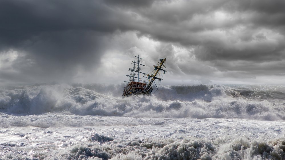 Painting of a ship caught in a fearsome storm