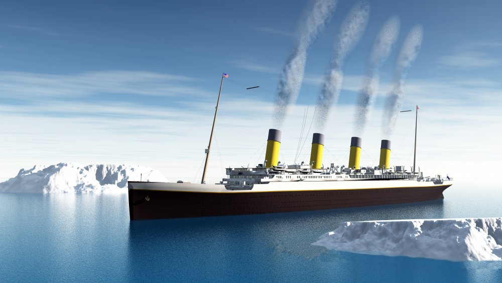 A 3D model of the Titanic traversing through iceberg-infested waters.