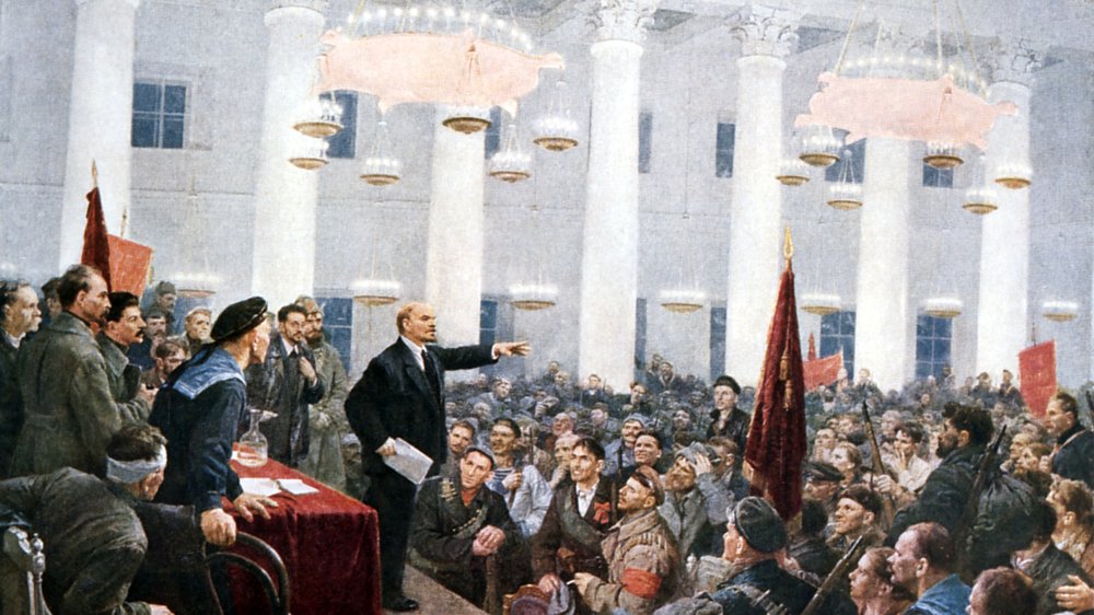 Lenin haranguing deputies of the 2nd Soviet Congress, Smolny Palace, St Petersburg, 1917. This meeting on 26 October 1917, the day after the storming of the Winter Palace, saw the establishment of the Bolshevik-dominated Soviet government, with Lenin (1870-1924) as chairman.