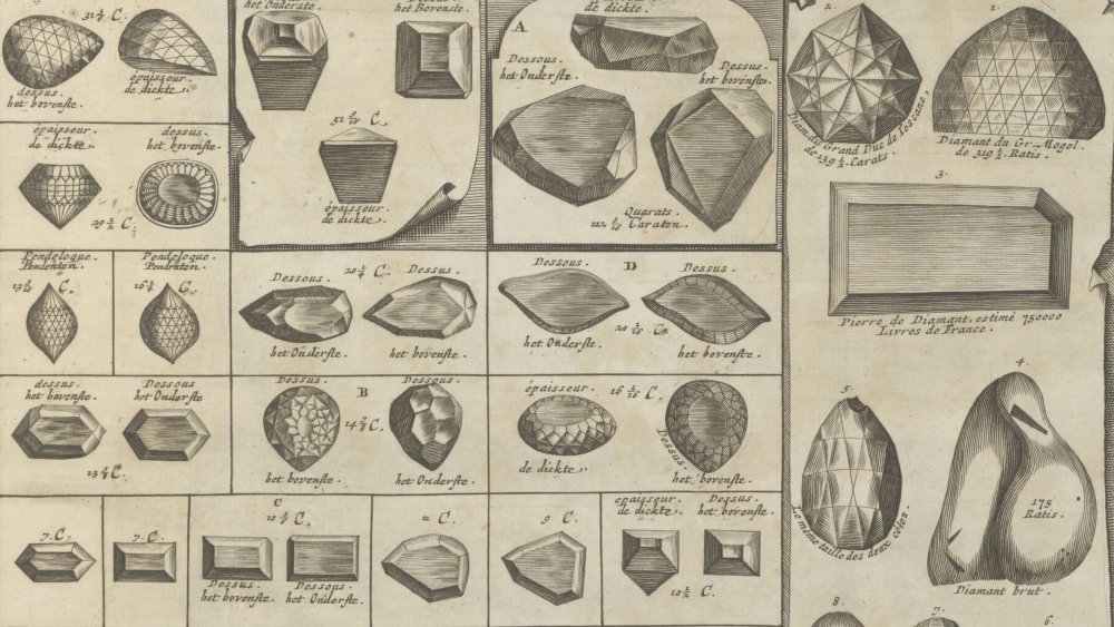 Diamonds. Above right - Great Mogul Diamond. From Les Indes Orientales et Occidentales et autres by J.B. Tavenier , ca 1698.