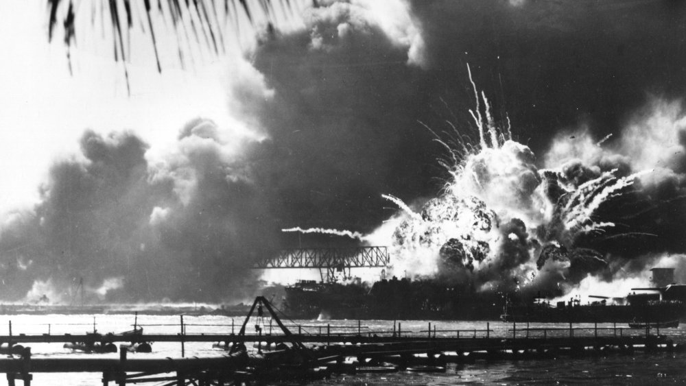 The USS Shaw exploding during the attack on Pearl Harbor