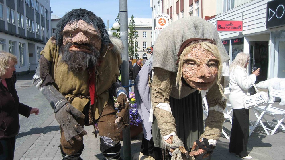 Figures of Grýla and Leppalúði on the main street of Akureyri, Iceland