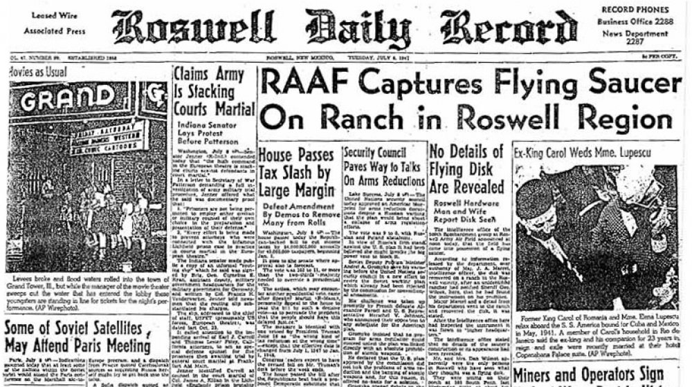 Roswell Daily Record from July 9, 1947 detailing the Roswell UFO incident