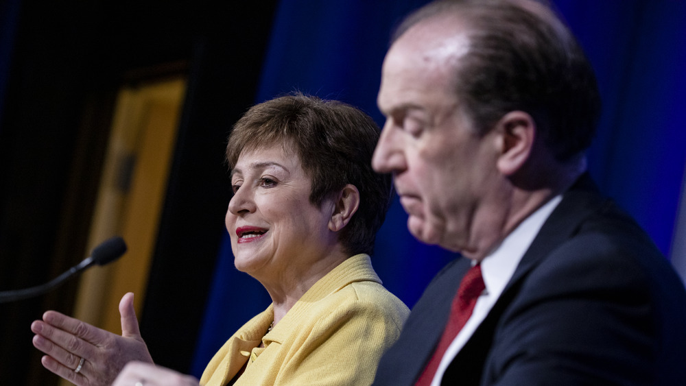 IMF Managing Director Kristalina Georgieva (L) speaks during a joint press conference with World Bank Group President David Malpass (R) 