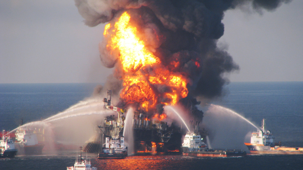 APRIL 21: Fire boats battle a fire at the off shore oil rig Deepwater Horizon April 21, 2010 in the Gulf of Mexico off the coast of Louisiana. 