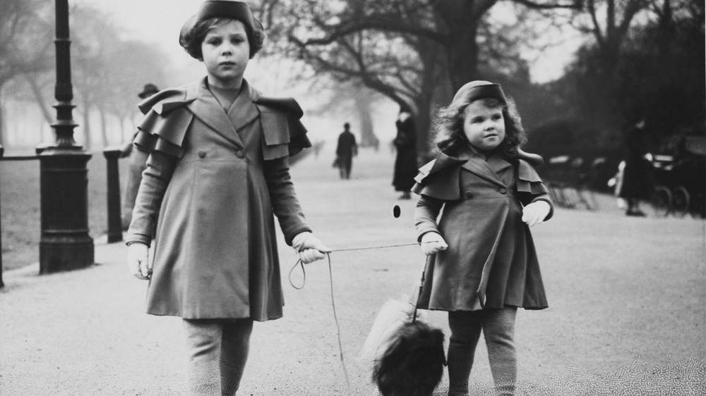 Lady Caroline Blackwood and Lady Perdita Blackwood out walking their dog, 1938.