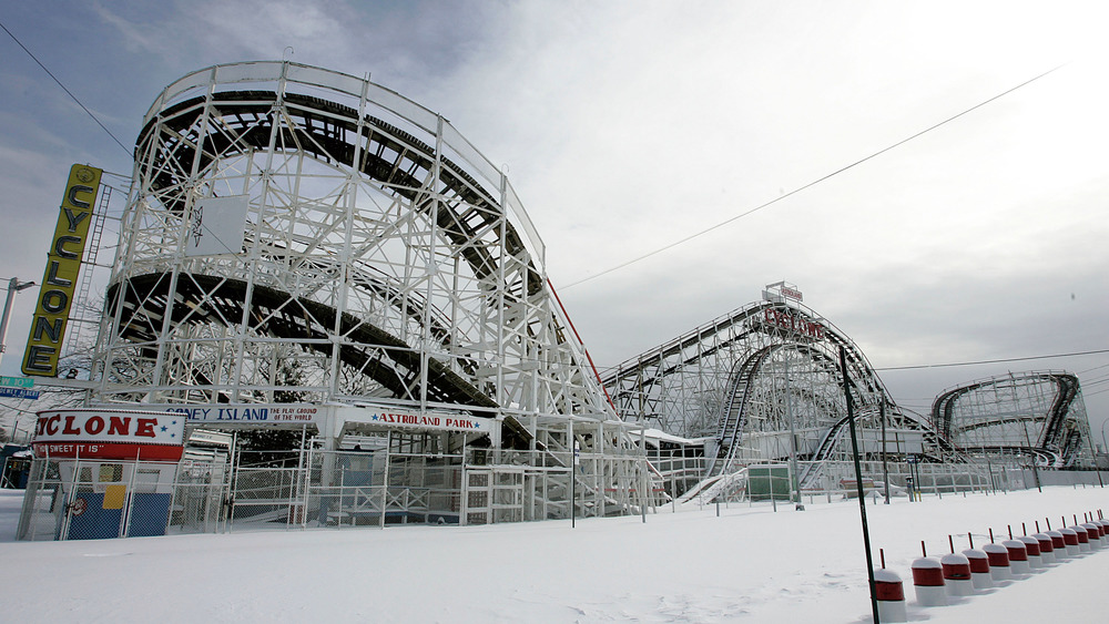 Coney Island Cyclone standing idle in snow