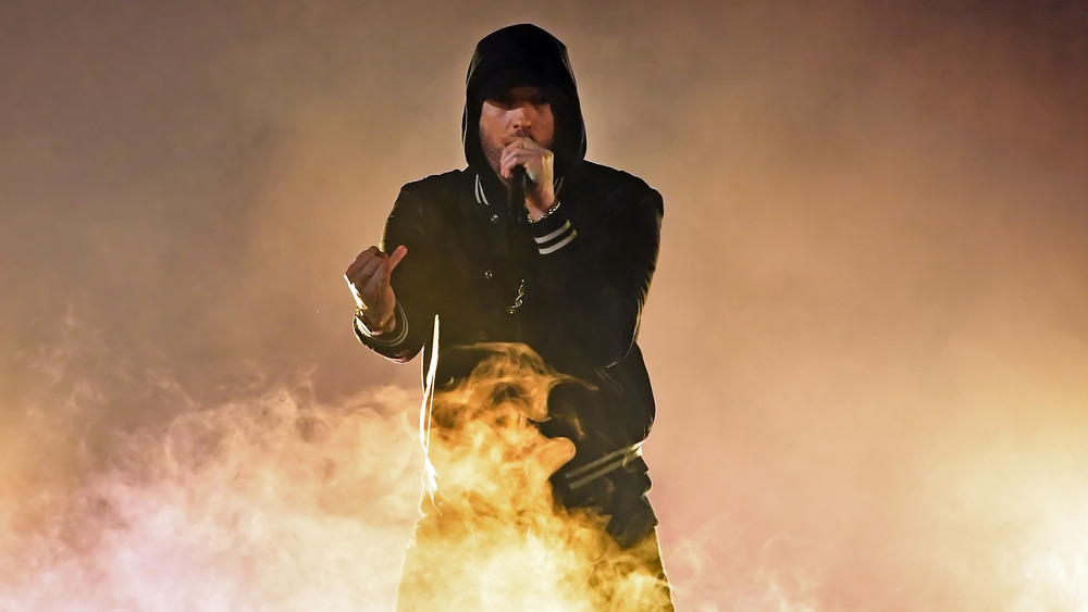 Eminem in hoodie with smoke