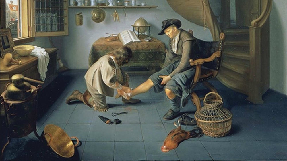 Barber surgeon tending a peasant's foot