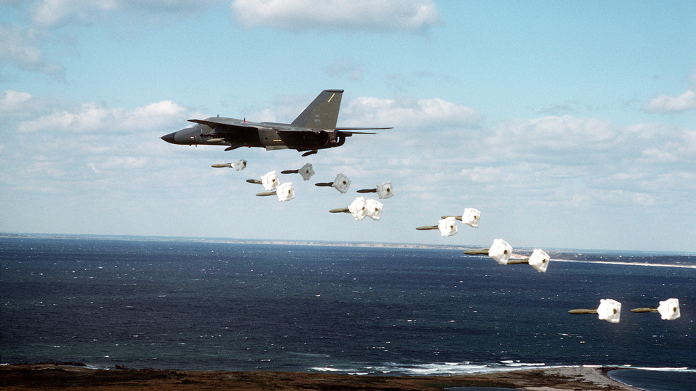 A aircraft drops bombs