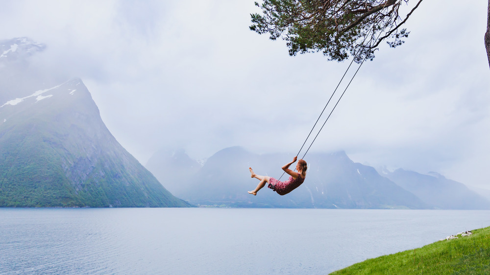 A photograph of a daydreamer on a swing.