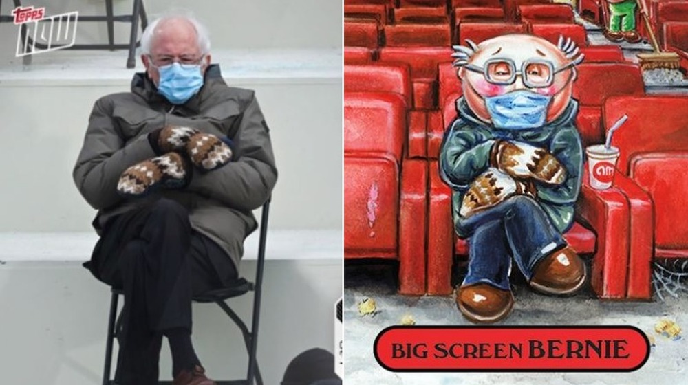 Sanders attending 2021 inauguration (L) / Big Screen Bernie Garbage Pail Kids (R)