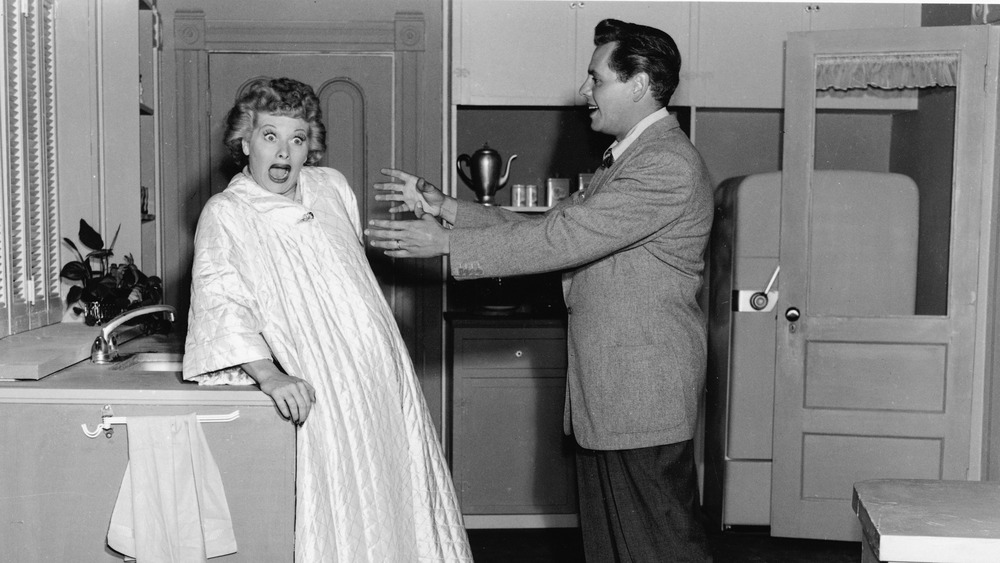 Lucille Ball reacts to Desi Arnaz in a still from the show