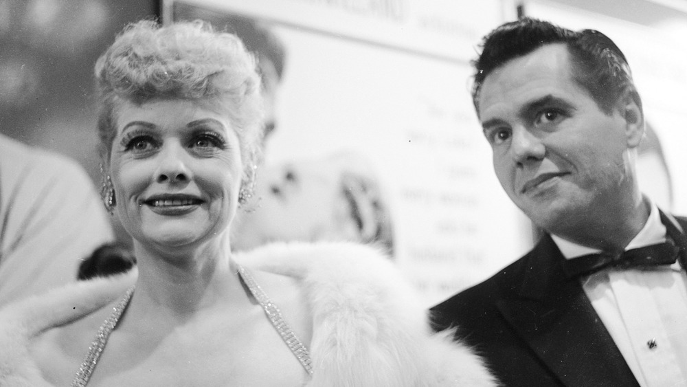 Lucille Ball and Desi Arnaz arrive at a CBS party 
