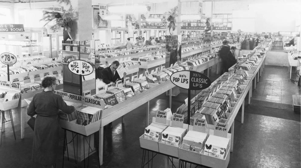 Aisles of records in a record store circa 1950s