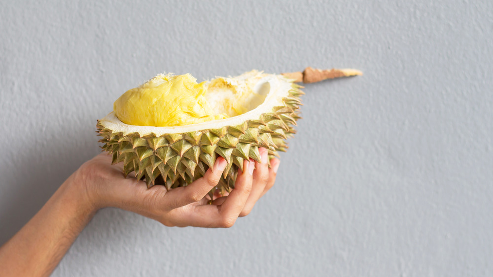 woman's hand holding durian fruit