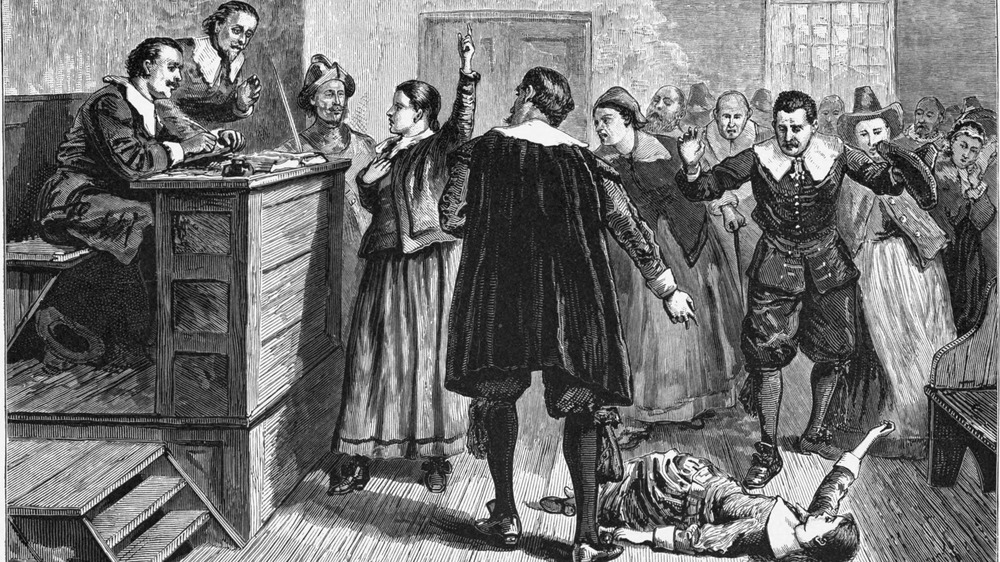 Witchcraft trial in Salem Village engraving