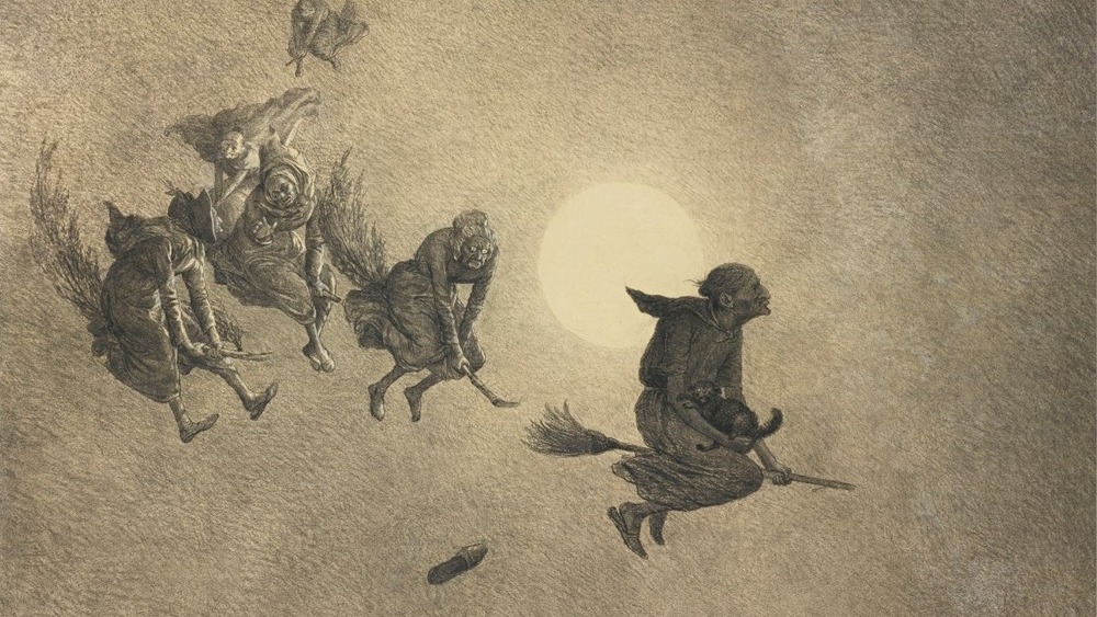 painting of witches flying on broomsticks