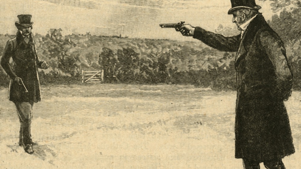 drawing of two men in a pistol duel