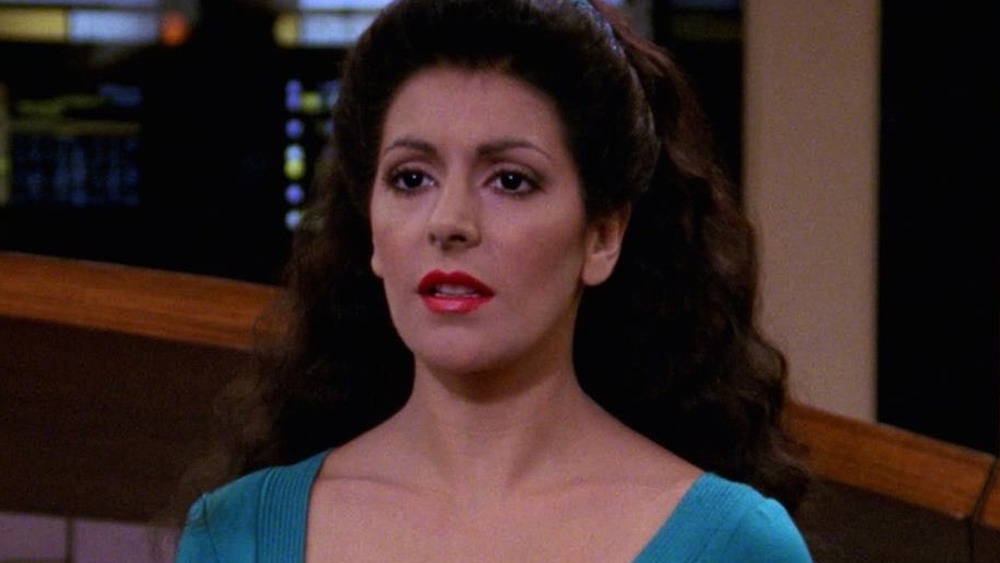 Marina Sirtis looking confused