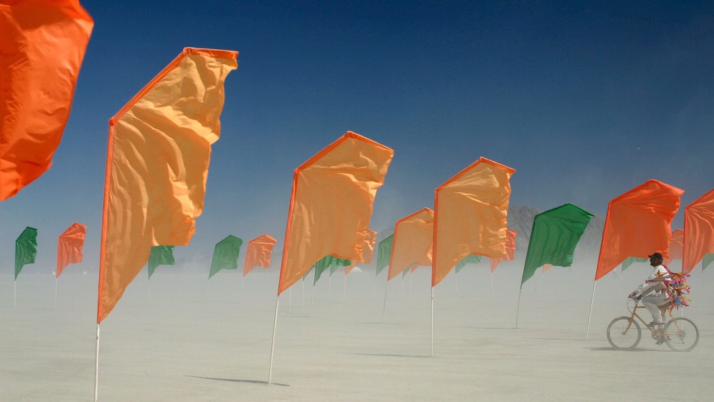 Orange flags  waving in the dusty wind