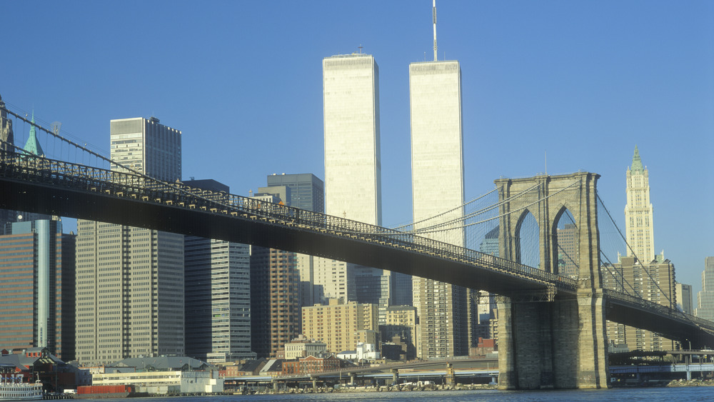 World Trade Center twin towers with bridge and blue sky