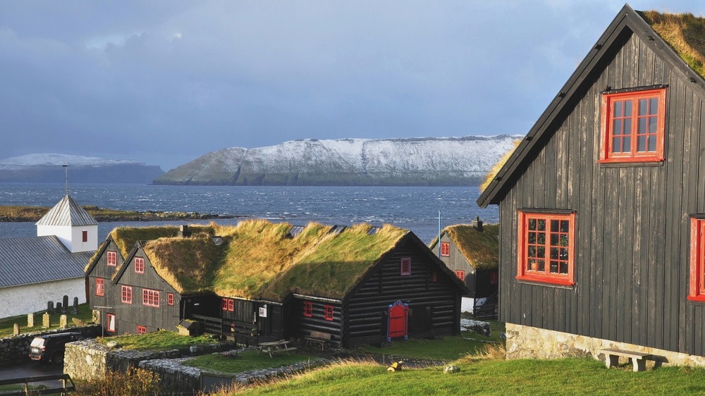 Kirkjubøargarður with ocean and snow covered mountains