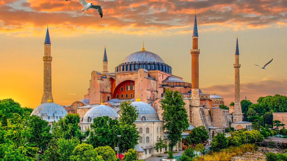 Hagia Sophia at sunset with birds flying 