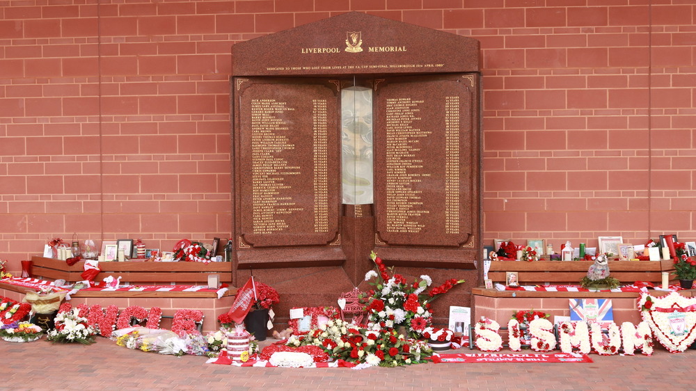 Cropped photo by John Dickinson of the Hillsborough Memorial at Anfield Stadium