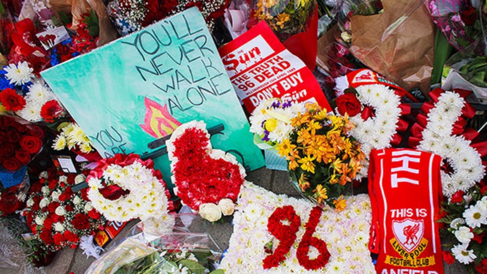 Cropped photo of a tribute left to the 96 who died from the Hillsborough disaster by Edmund Gall