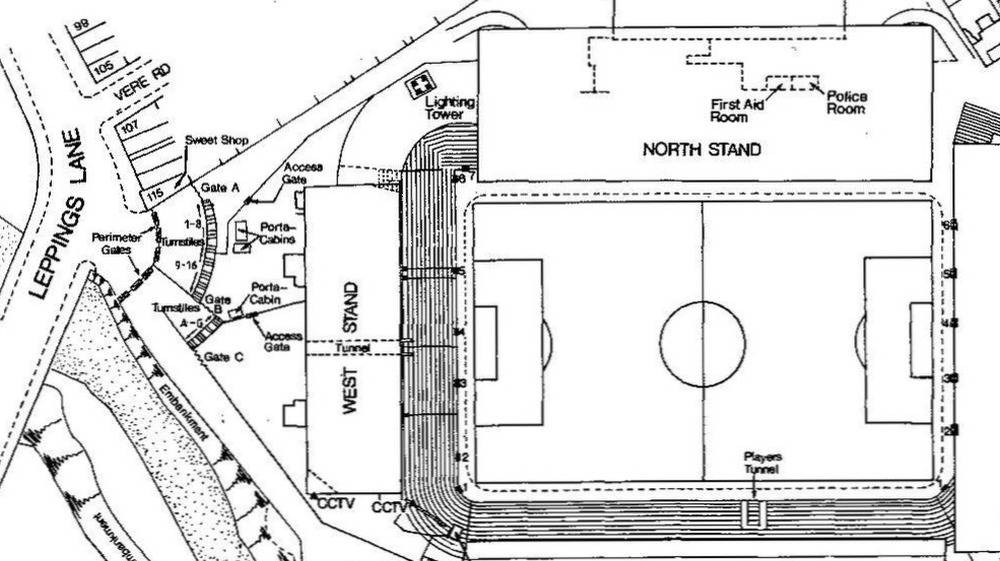 Map of the Leppings Lane end of Hillsborough Stadium in 1989 from the Taylor Report