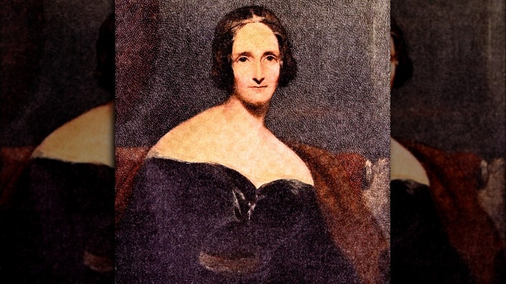 A portrait of Frankenstein author Mary Shelley wearing purple dress