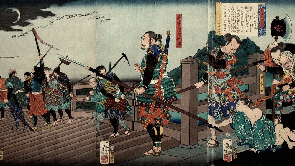 Ukiyo-e of a samurai on a bridge from 1886