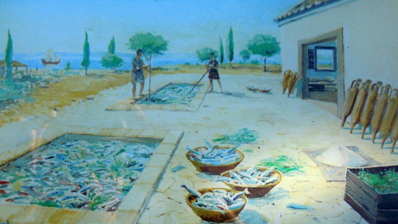 painting of workers in fish processing tanks