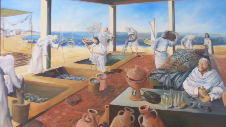 painting of fish salting facility with people working