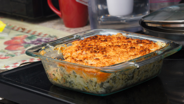 Tuna casserole in a casserole dish