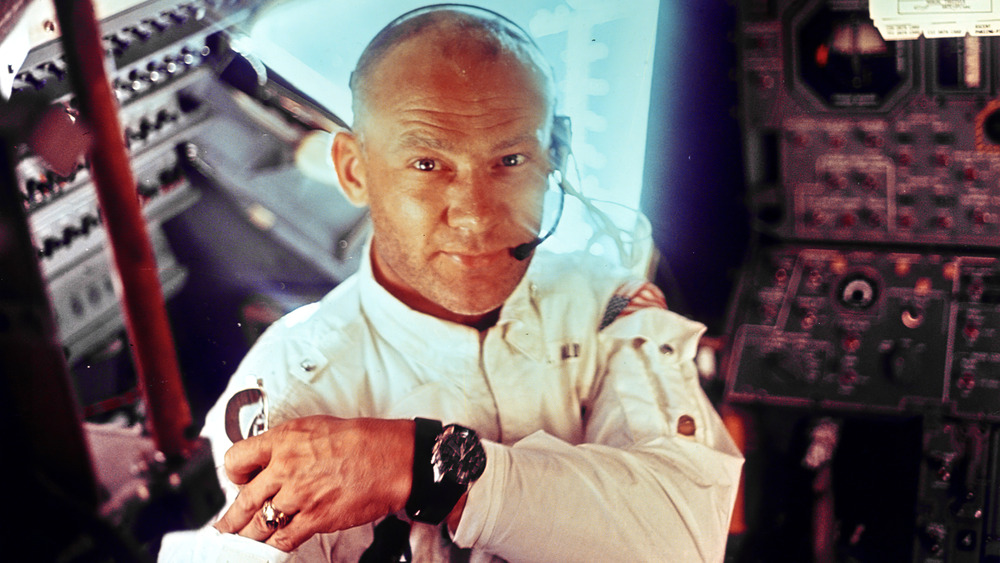 Buzz Aldrin aboard the lunar module 