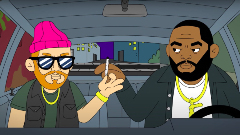 Run the Jewels as cartoon characters passing joint