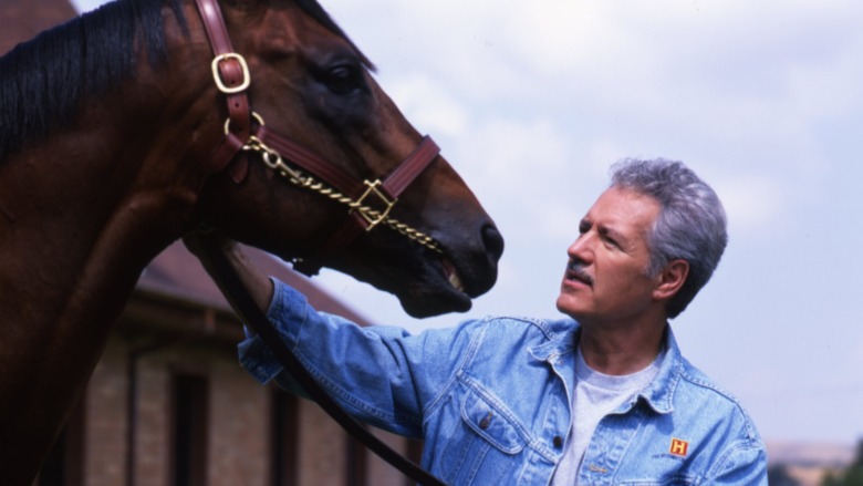 Alex Trebek looking at a horse