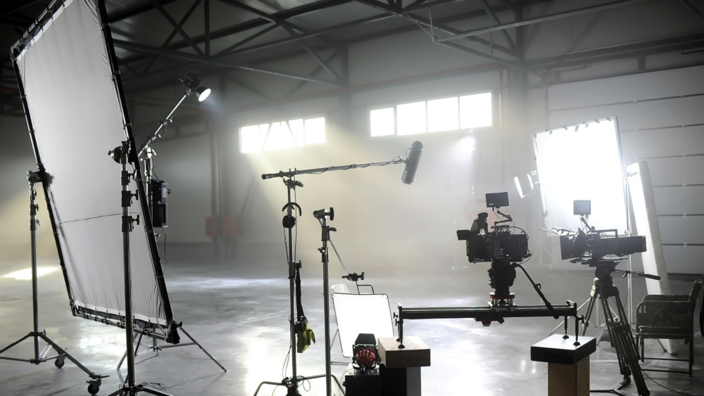 Film set showing lights and cameras