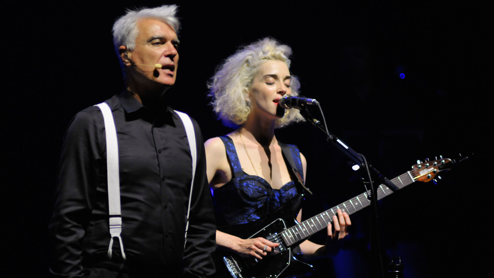 David Byrne and St. Vincent performing