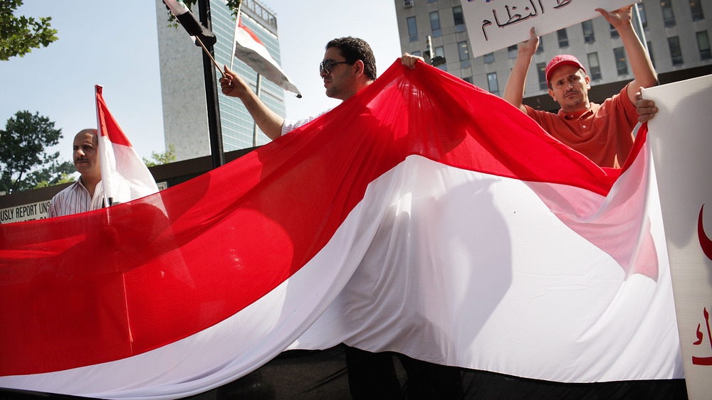 Protesters holding flag with hands in the air