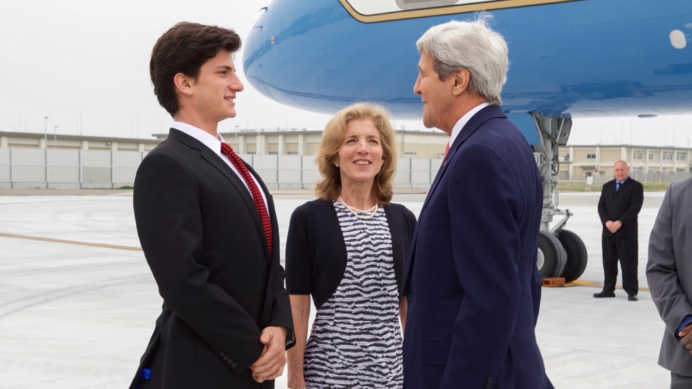 John Kerry chats Caroline Kennedy and her son, Jack Schlossberg